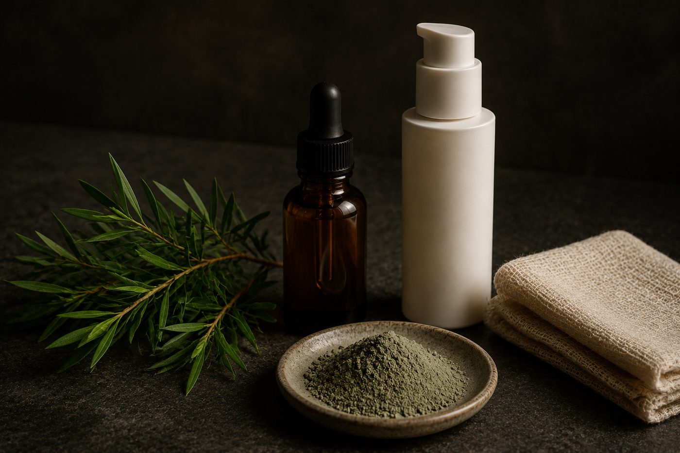 Tea tree sprig, amber dropper bottle, white pump bottle, and a dish of green clay on dark stone