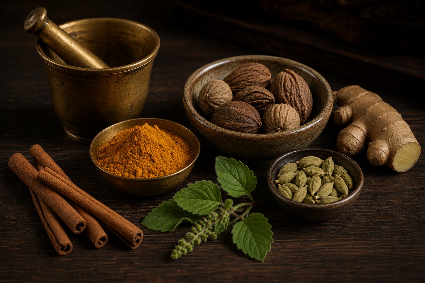 Ayurvedic apothecary shelf with herbs and oils used for joint and muscle pain