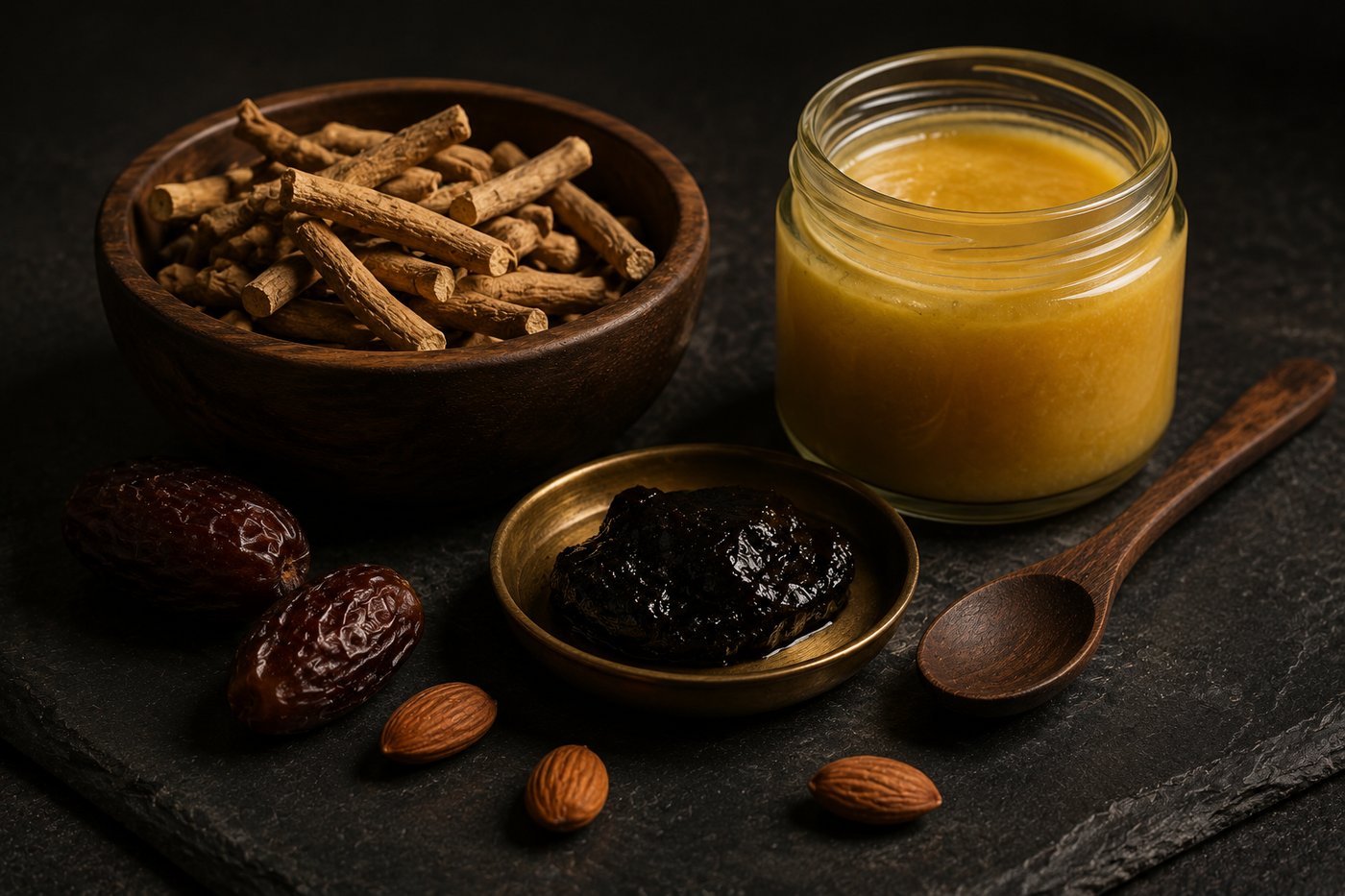 Ashwagandha roots in a wooden bowl, shilajit resin on a brass dish, jar of ghee, dates, and almonds on dark slate