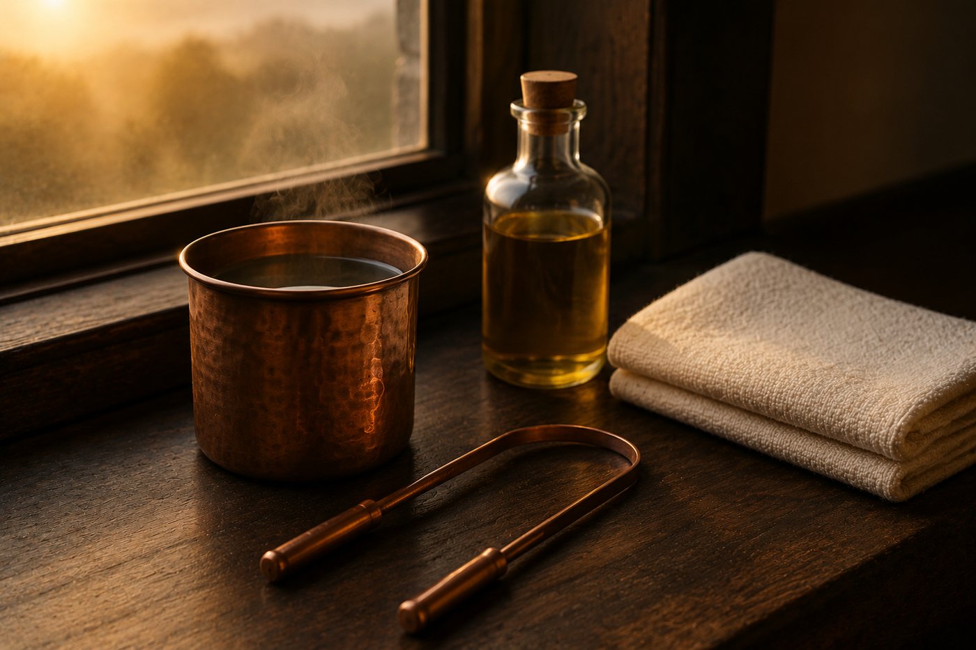 Copper cup of warm water, copper tongue scraper, bottle of sesame oil, and folded towel at a sunrise window