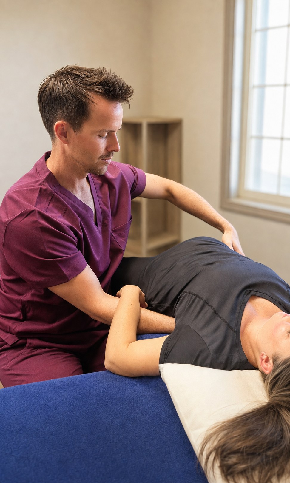 Dr. William Starsiak, DO, performing osteopathic manual treatment on a patient's thoracic spine at his Indianapolis clinic