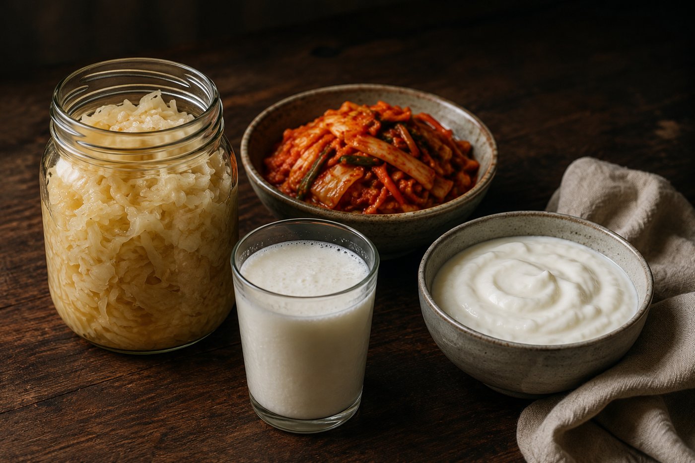 Jar of sauerkraut, bowl of kimchi, glass of kefir, and yogurt on a dark wood table