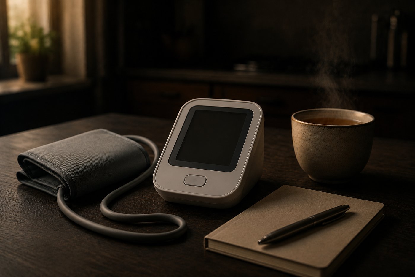 Home blood pressure monitor and cuff on a kitchen table beside a notebook and cup of tea