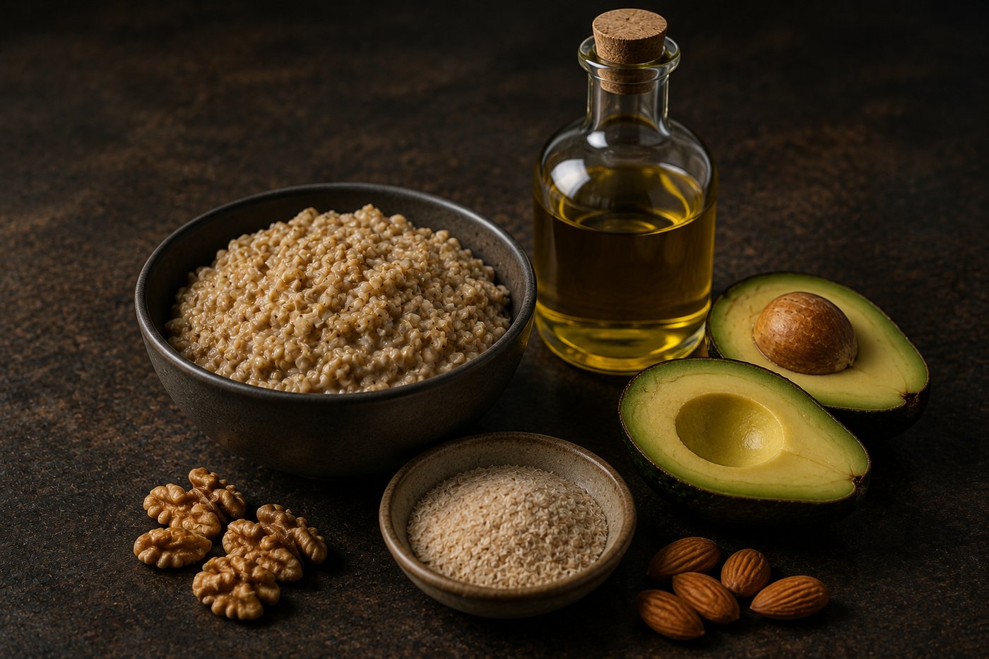 Steel-cut oats, psyllium husk, walnuts, almonds, olive oil, and a halved avocado on a dark counter