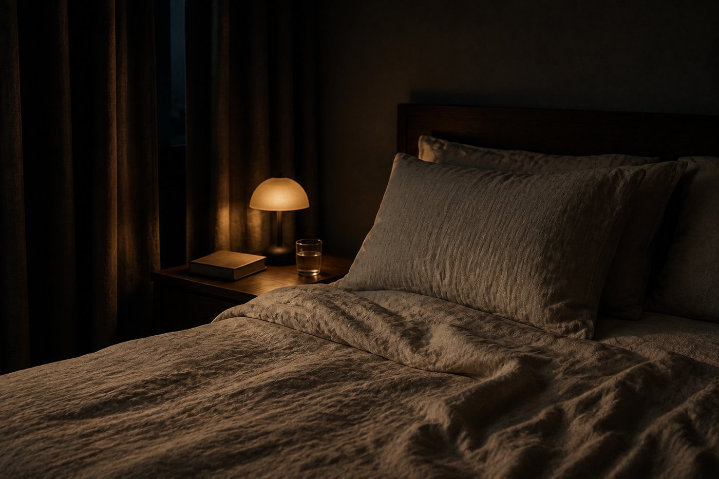 Dimly lit bedroom with linen bedding, a warm bedside lamp, a book, and a glass of water